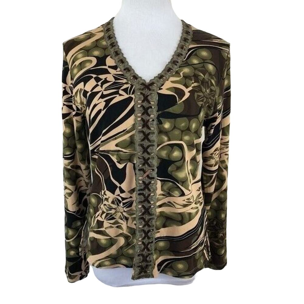 Viola Jersey Stretch V Neck Geometric Top Long Sleeves Pullover Size Large